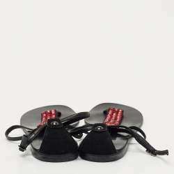 Giuseppe Zanotti Black Suede and Leather Crystal Embellished T-Strap Flat Sandals Size 40