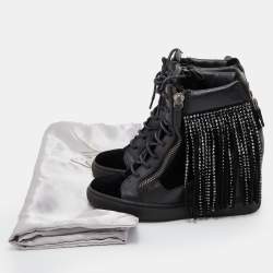 مملوكة مسبقًا Giuseppe Zanotti Black Leather and Velvet Fringe Crystal Embellished High Top Sneakers Size 40.5
