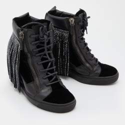 مملوكة مسبقًا Giuseppe Zanotti Black Leather and Velvet Fringe Crystal Embellished High Top Sneakers Size 40.5