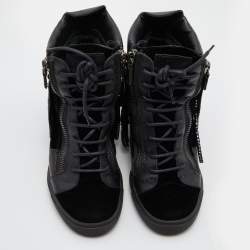 مملوكة مسبقًا Giuseppe Zanotti Black Leather and Velvet Fringe Crystal Embellished High Top Sneakers Size 40.5