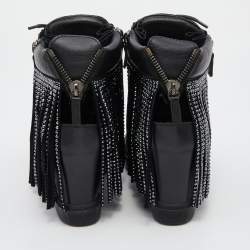 مملوكة مسبقًا Giuseppe Zanotti Black Leather and Velvet Fringe Crystal Embellished High Top Sneakers Size 40.5