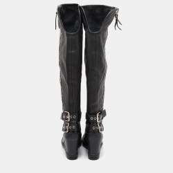Pre Owned Giuseppe Zanotti Black Leather Zipper Cobain Wedge Knee Length Boots Size 41