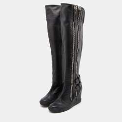 Pre Owned Giuseppe Zanotti Black Leather Zipper Cobain Wedge Knee Length Boots Size 41