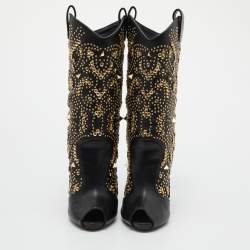 مملوكة مسبقًا Giuseppe Zanotti Black Leather Crystal Embellished Calf Length Boots Size 40