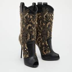 مملوكة مسبقًا Giuseppe Zanotti Black Leather Crystal Embellished Calf Length Boots Size 40