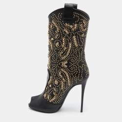 مملوكة مسبقًا Giuseppe Zanotti Black Leather Crystal Embellished Calf Length Boots Size 40