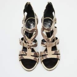 Giuseppe Zanotti Off White/Brown Python Embossed Leather Strappy Sandals Size 38