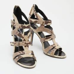 Giuseppe Zanotti Off White/Brown Python Embossed Leather Strappy Sandals Size 38