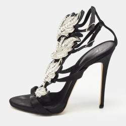 Pre Owned Giuseppe Zanotti Black Satin Wing Jeweled Sandals Size 40
