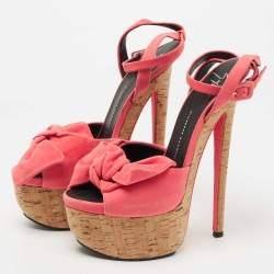 Pre Owned Giuseppe Zanotti Pink Suede Bow Cork Platform Ankle Strap Sandals Size 38