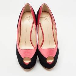 Giuseppe Zanotti Black/Pink Suede and Satin Peep Toe Platform Pumps Size 37