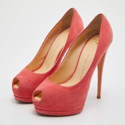 Giuseppe Zanotti Coral Pink Suede Sharon Peep Toe Platform Pumps Size 39