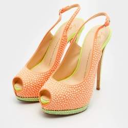 مملوكة مسبقًا Giuseppe Zanotti Orange Suede Crystal Embellished Peep Toe Platform Slingback Pumps Size 39