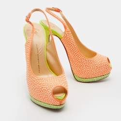مملوكة مسبقًا Giuseppe Zanotti Orange Suede Crystal Embellished Peep Toe Platform Slingback Pumps Size 39