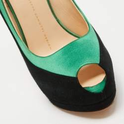 Giuseppe Zanotti Black/Green Suede and Satin Peep Toe Platform Pumps Size 37