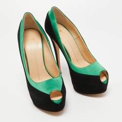 Giuseppe Zanotti Black/Green Suede and Satin Peep Toe Platform Pumps Size 37