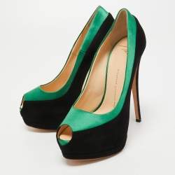 Giuseppe Zanotti Black/Green Suede and Satin Peep Toe Platform Pumps Size 37