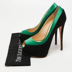 Giuseppe Zanotti Black/Green Suede and Satin Peep Toe Platform Pumps Size 37