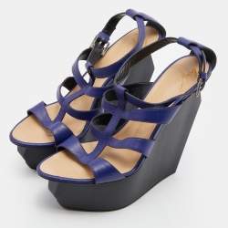 Giuseppe Zanotti Blue Leather Caged Strappy Platform Wedge Sandals Size 39