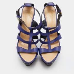 Giuseppe Zanotti Blue Leather Caged Strappy Platform Wedge Sandals Size 39