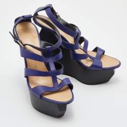 Giuseppe Zanotti Blue Leather Caged Strappy Platform Wedge Sandals Size 39