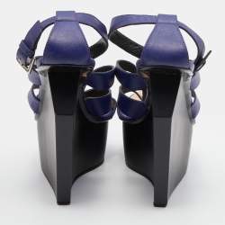 Giuseppe Zanotti Blue Leather Caged Strappy Platform Wedge Sandals Size 39