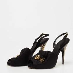 Pre Owned Giuseppe Zanotti Black Satin Bow Crystal Embellished Slingback Sandals Size 35