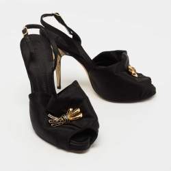 Pre Owned Giuseppe Zanotti Black Satin Bow Crystal Embellished Slingback Sandals Size 35