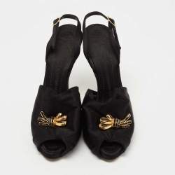 Pre Owned Giuseppe Zanotti Black Satin Bow Crystal Embellished Slingback Sandals Size 35