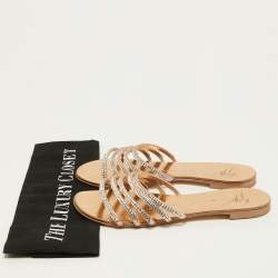 Pre Owned Giuseppe Zanotti Metallic Crystal Embellished Leather Flat Slides Size 36.5