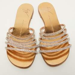 Pre Owned Giuseppe Zanotti Metallic Crystal Embellished Leather Flat Slides Size 36.5