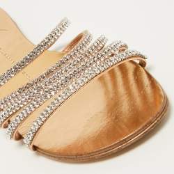 Pre Owned Giuseppe Zanotti Metallic Crystal Embellished Leather Flat Slides Size 36.5