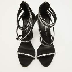 Pre Owned Giuseppe Zanotti Black Suede Crystal Embellished Ankle Strap Sandals Size 36