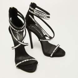 Pre Owned Giuseppe Zanotti Black Suede Crystal Embellished Ankle Strap Sandals Size 36