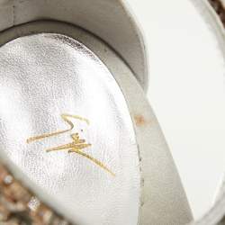 Pre Owned Giuseppe Zanotti Silver Leather and Satin Crystal Embellished Ankle Strap Sandals Size 36.5