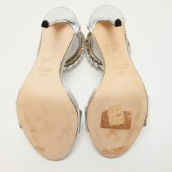 Pre Owned Giuseppe Zanotti Silver Leather and Satin Crystal Embellished Ankle Strap Sandals Size 36.5