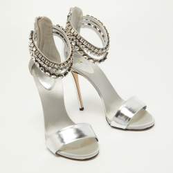 Pre Owned Giuseppe Zanotti Silver Leather and Satin Crystal Embellished Ankle Strap Sandals Size 36.5