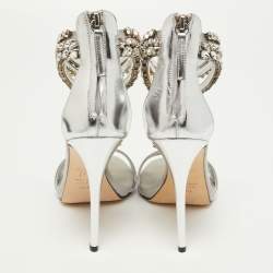 Pre Owned Giuseppe Zanotti Silver Leather and Satin Crystal Embellished Ankle Strap Sandals Size 36.5