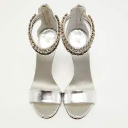Pre Owned Giuseppe Zanotti Silver Leather and Satin Crystal Embellished Ankle Strap Sandals Size 36.5