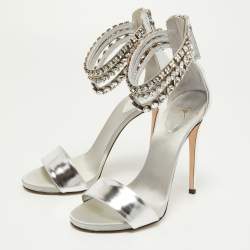 Pre Owned Giuseppe Zanotti Silver Leather and Satin Crystal Embellished Ankle Strap Sandals Size 36.5