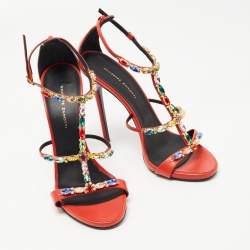 Pre Owned Giuseppe Zanotti Orange Leather Elba Crystal Embellished Sandals Size 40