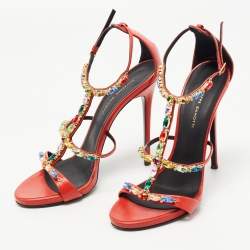 Pre Owned Giuseppe Zanotti Orange Leather Elba Crystal Embellished Sandals Size 40
