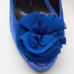 Giuseppe Zanotti Blue Suede Flower Applique Peep Toe Platform Ankle Strap Pumps Size 39