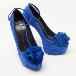 Giuseppe Zanotti Blue Suede Flower Applique Peep Toe Platform Ankle Strap Pumps Size 39