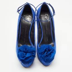 Giuseppe Zanotti Blue Suede Flower Applique Peep Toe Platform Ankle Strap Pumps Size 39