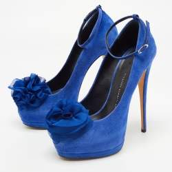 Giuseppe Zanotti Blue Suede Flower Applique Peep Toe Platform Ankle Strap Pumps Size 39