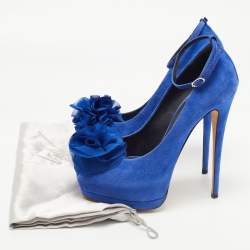 Giuseppe Zanotti Blue Suede Flower Applique Peep Toe Platform Ankle Strap Pumps Size 39