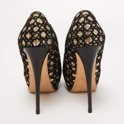 Pre Owned Giuseppe Zanotti Black/Gold Lace and Glitter Sharon Peep Toe Pumps Size 38.5