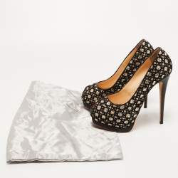Pre Owned Giuseppe Zanotti Black/Gold Lace and Glitter Sharon Peep Toe Pumps Size 38.5