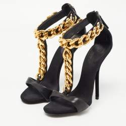 Pre Owned Giuseppe Zanotti Black Leather and Suede Chain T Strap Sandals Size 39
